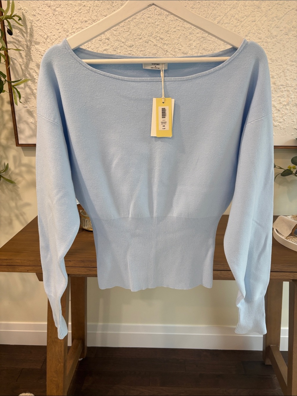 Wilfred Light Blue Off-the-Shoulder Ribbed Waist Sweater